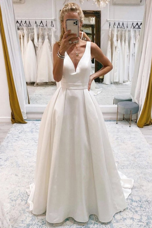 A-Line Deep V-Neck Long Wedding Dress with Bowknot