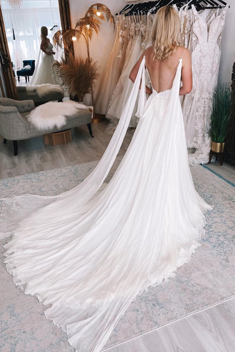 A-Line Watteau Train Boho Long Chiffon Wedding Dress with Lace