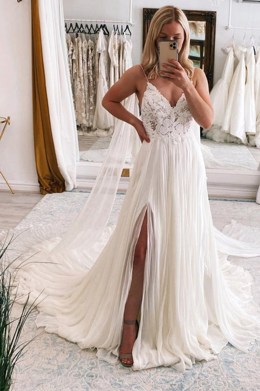 A-Line Watteau Train Boho Long Chiffon Wedding Dress with Lace