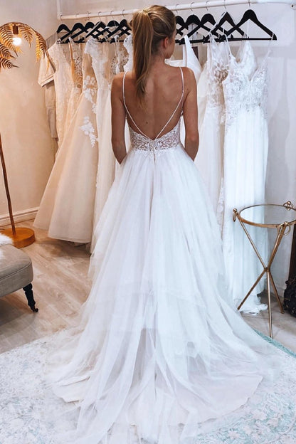 A-Line Backless Tulle Long Wedding Dress with Appliques