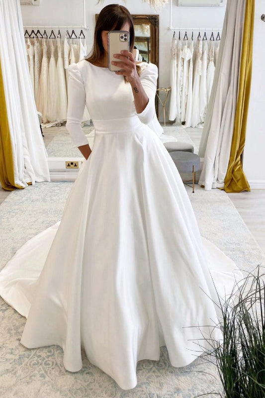 Vintage A-Line Long Satin Bateau-Neck Wedding Dress