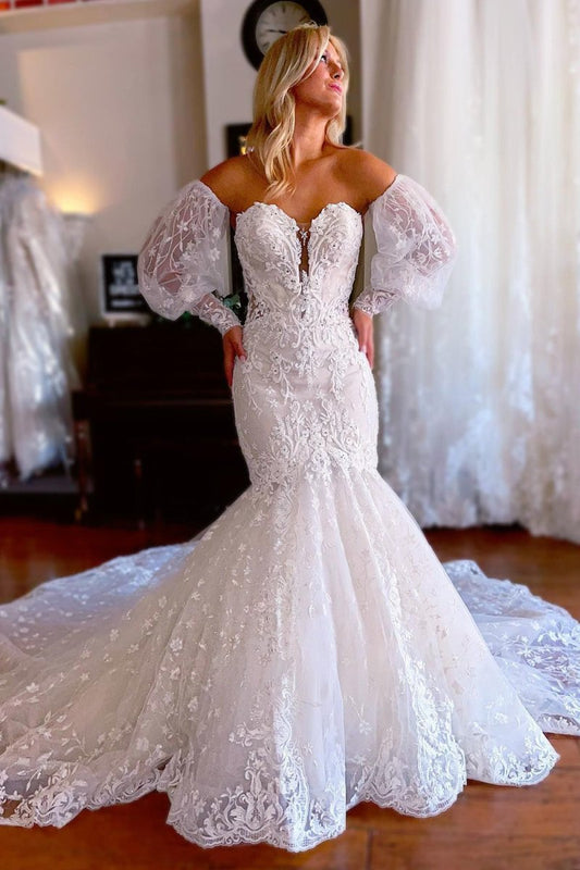 Mermaid Detachable Long Sleeves Lace Wedding Dress