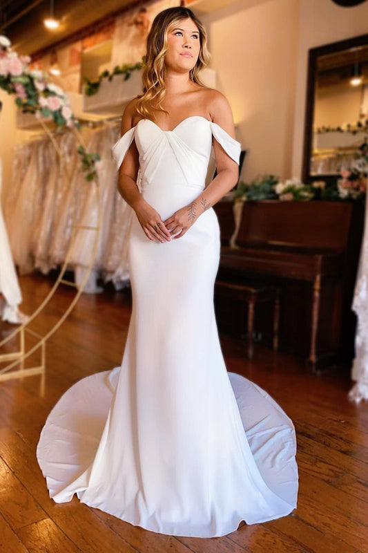 Simple White Mermaid Off-the-Shoulder Boho Wedding Dress