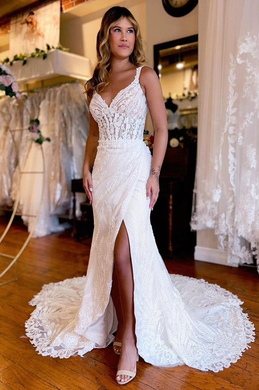 Neck Sheath Long Lace Wedding Dress with Slit