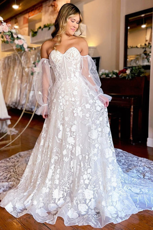 A-Line Ivory Sweetheart Corset Detachable Long Sleeves Long Lace Wedding Dress