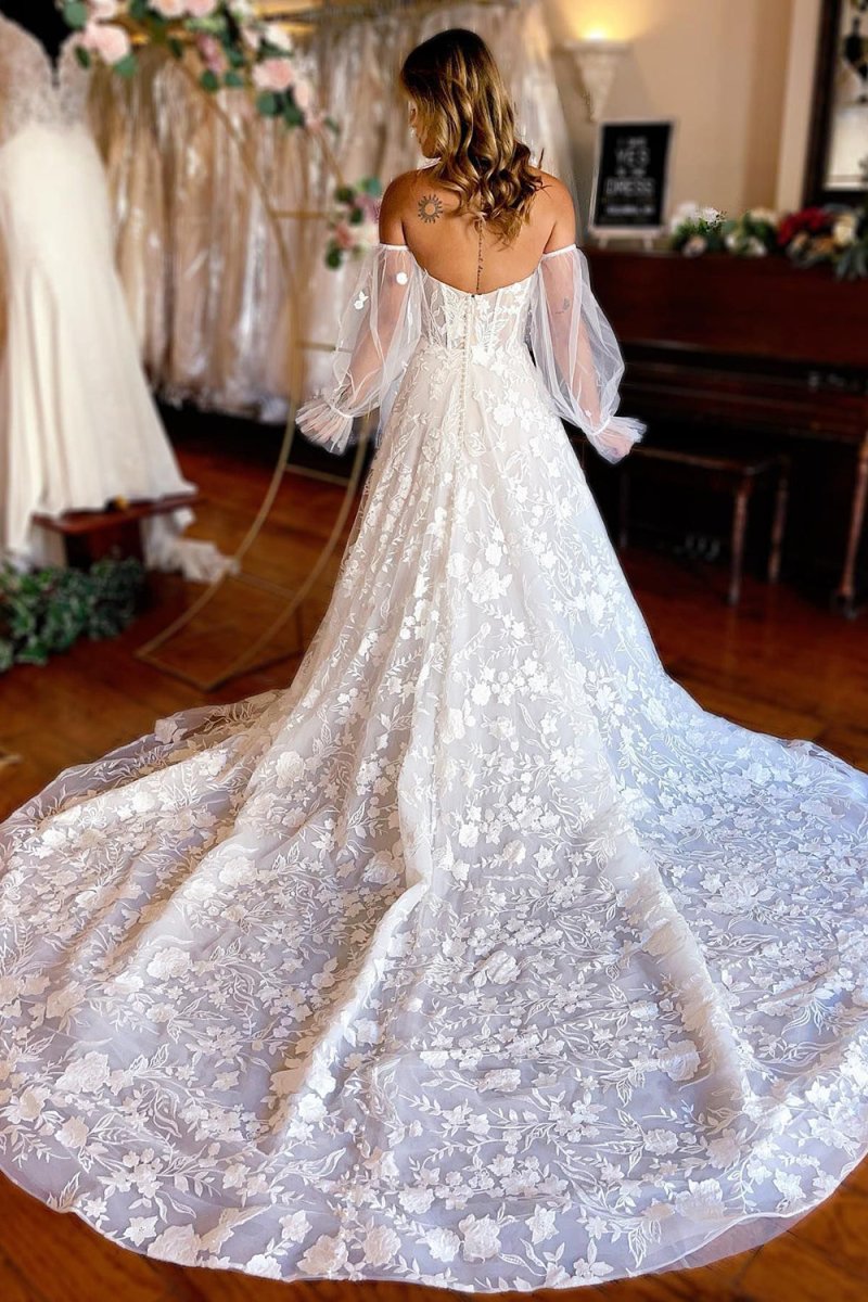 A-Line Ivory Sweetheart Corset Detachable Long Sleeves Long Lace Wedding Dress