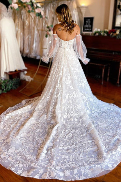 A-Line Ivory Sweetheart Corset Detachable Long Sleeves Long Lace Wedding Dress