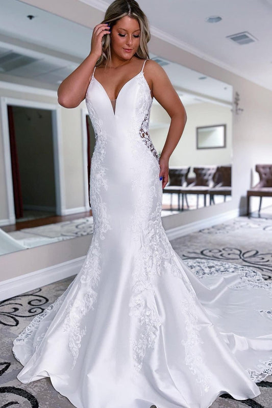 Mermaid Long Satin Wedding Dress with Appliqued