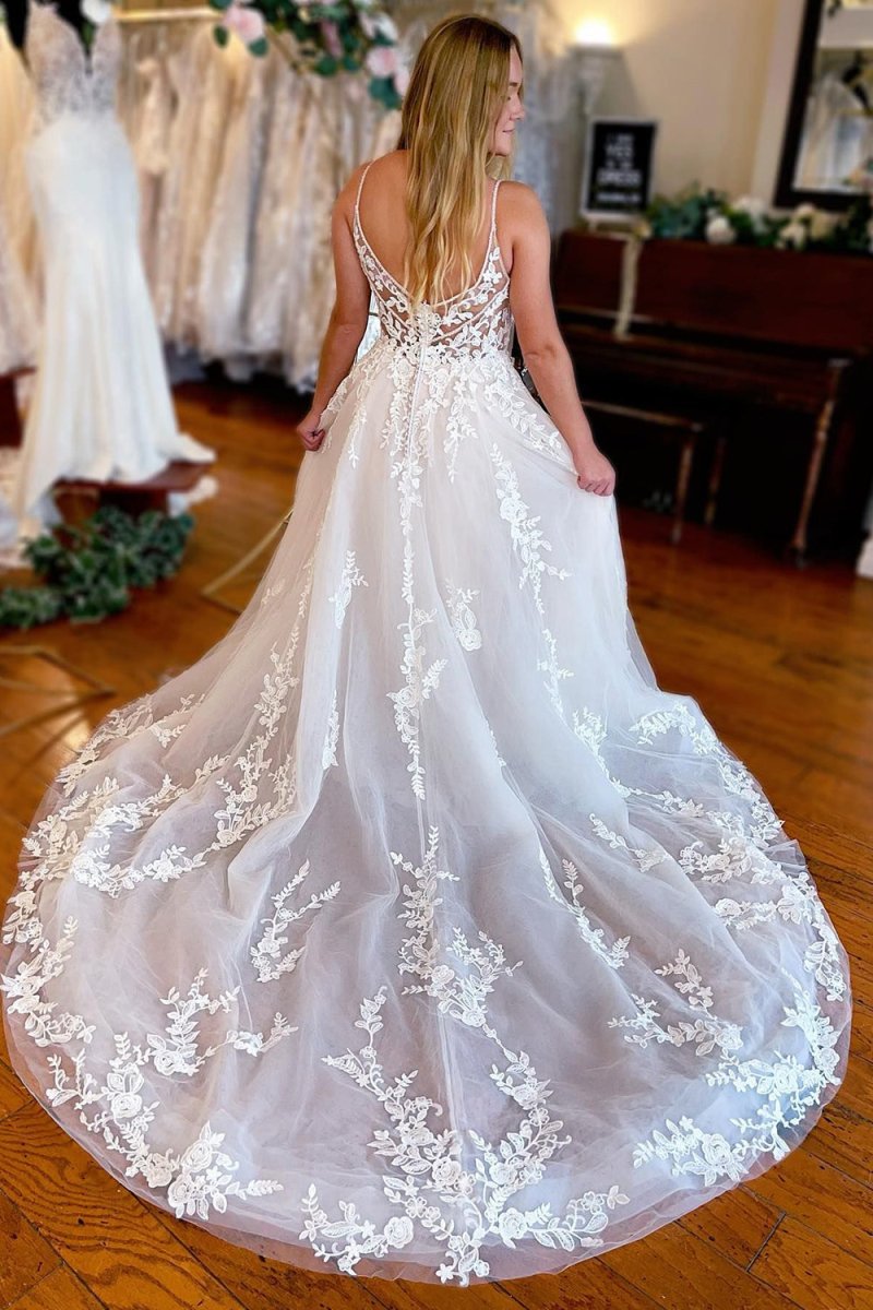 Line Spaghetti Straps Long Lace Wedding Dress