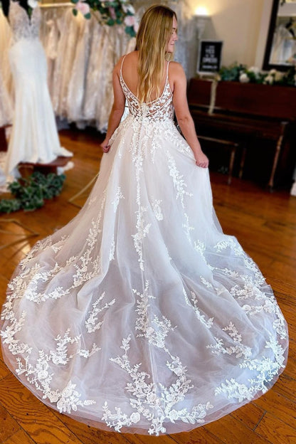 Line Spaghetti Straps Long Lace Wedding Dress