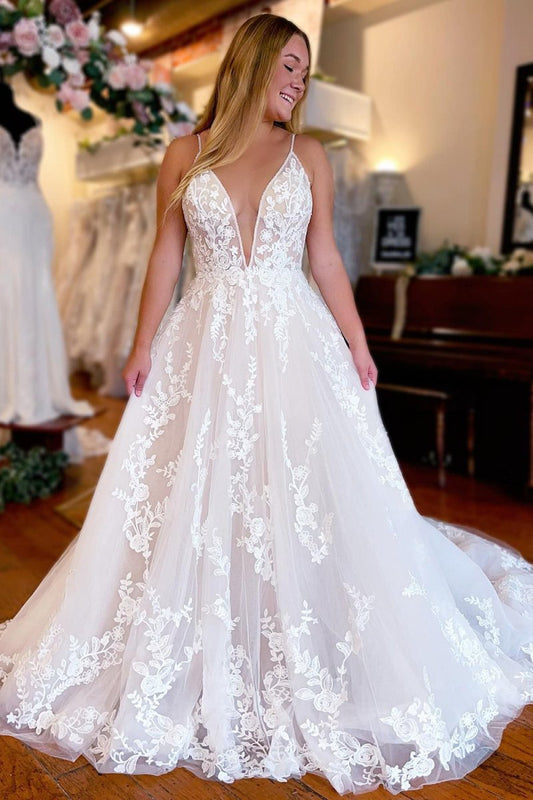 Line Spaghetti Straps Long Lace Wedding Dress
