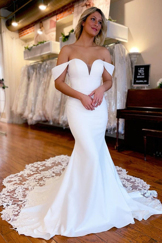 Boho Mermaid Off the Shoulder Long Wedding Dress with Lace