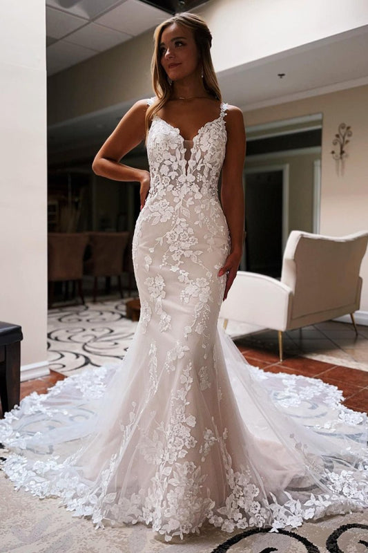 Backless Sleeveless Lace Mermaid Long Wedding Dress