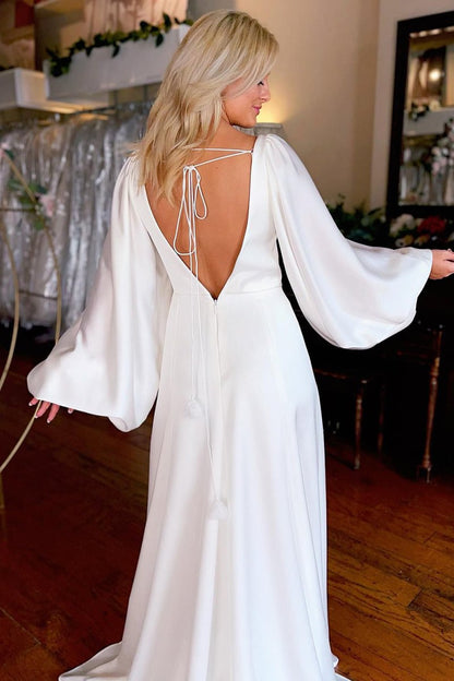 Satin Simple A-Line Long Wedding Dress with Slit