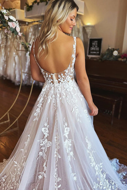 A-Line V-Neck Backless Long Lace Wedding Dress