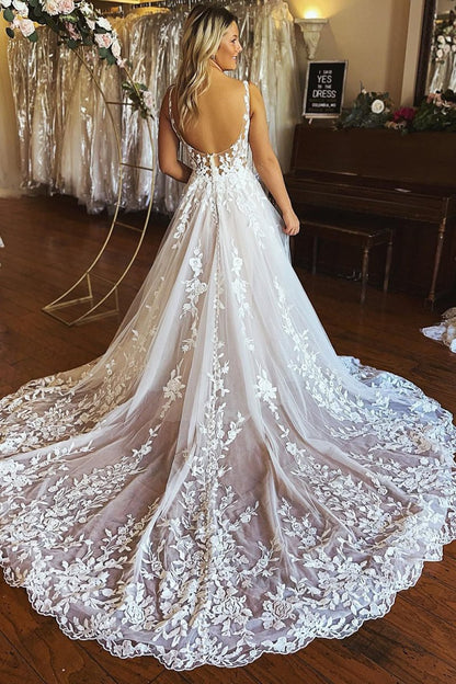 A-Line V-Neck Backless Long Lace Wedding Dress