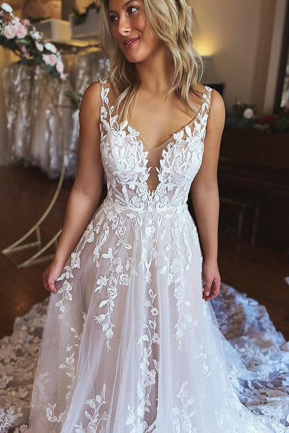 A-Line V-Neck Backless Long Lace Wedding Dress