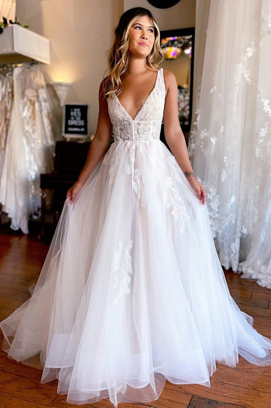 A-Line Deep V-Neck Backless Long Wedding Dress with Lace