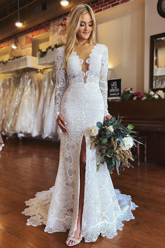 Mermaid Boho Long Lace Wedding Dress with Sleeves