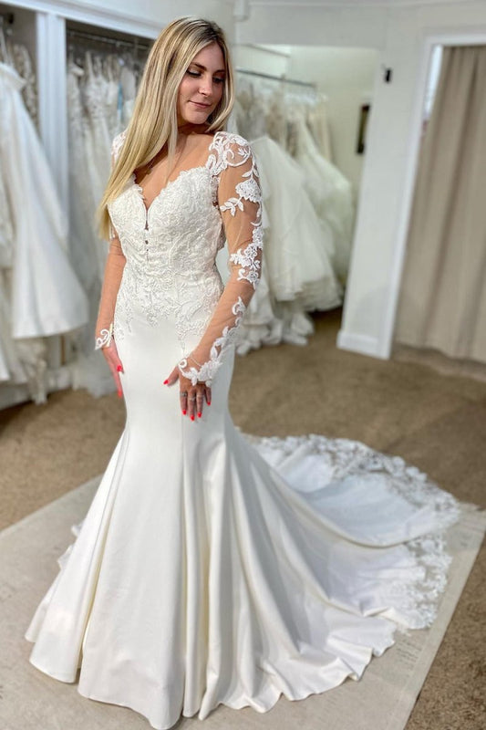 V-Neck Mermaid Long Wedding Dress with Lace