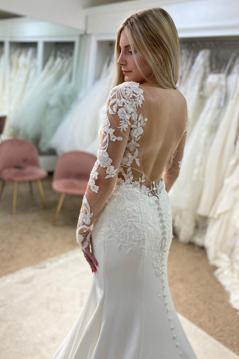 V-Neck Mermaid Long Wedding Dress with Lace