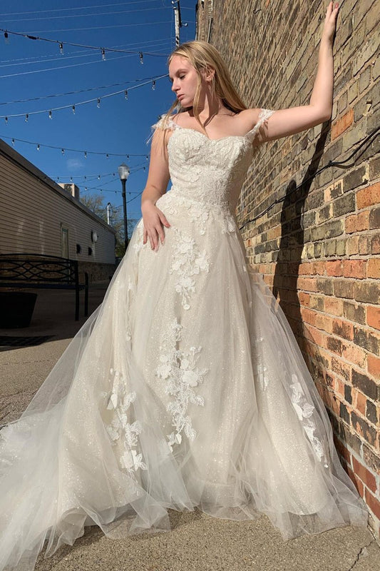 A-Line Off The Shouder White Long Wedding Dress with Appliques