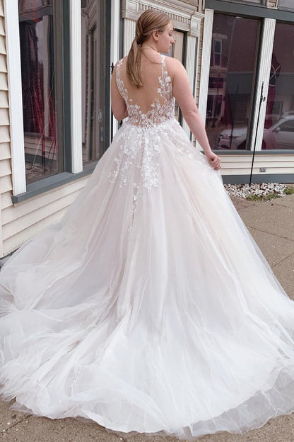 A-Line Tulle Sparkly White Wedding Dress with Appliques