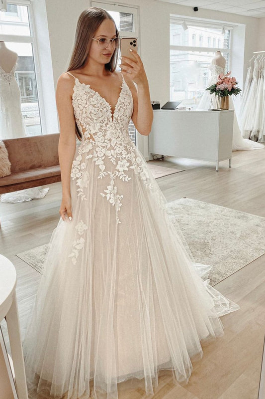 A-Line Spaghetti Straps Long Wedding Dress with Appliques