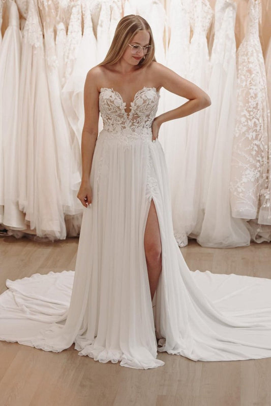 Sweetheart Long Lace Boho Wedding Dress with Slit