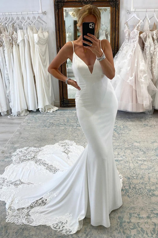 Spaghetti Straps Long Mermaid Boho Wedding Dress with Lace