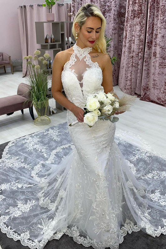 Halter Long Train Mermaid Wedding Dress with Appliques