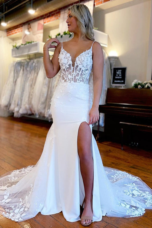 Spaghetti Straps High Slit Mermaid Wedding Dress with Appliques