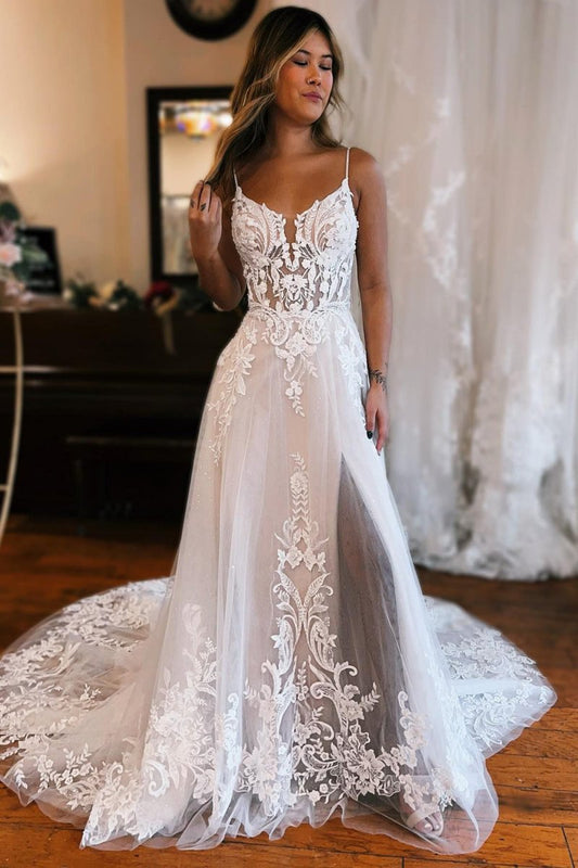 Detachable Sleeve High Slit A-Line Wedding Dress with Appliques