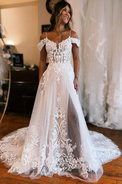 Detachable Sleeve High Slit A-Line Wedding Dress with Appliques