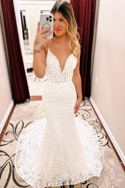 Spaghetti Straps Lace Mermaid Wedding Dress with Train