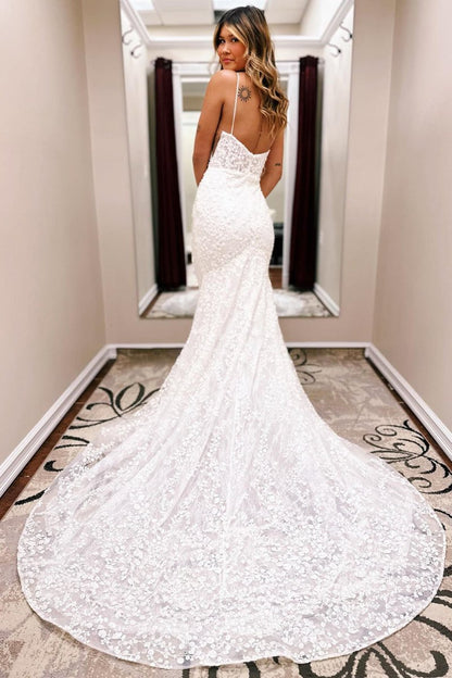 Spaghetti Straps Lace Mermaid Wedding Dress with Train