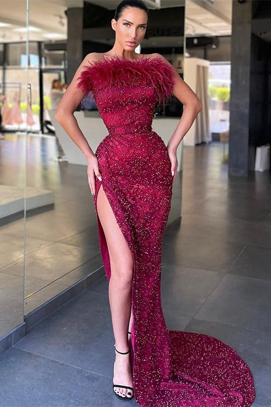 Burgundy Long Sleeveless Beaded Mermaid Split Prom Dress with Feather