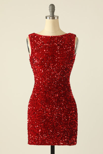 Red Sequined Backless Cocktail Dress