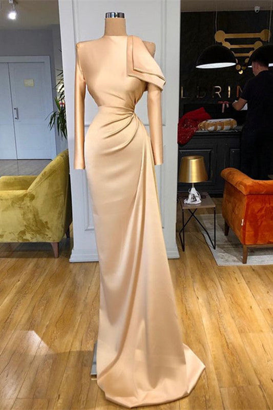 Champagne High Neck Long Sleeves Mermaid Satin Formal Prom Dress