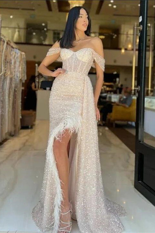 Charming Champagne Long Off-The-Shoulder Sequined Prom Dress with Feather