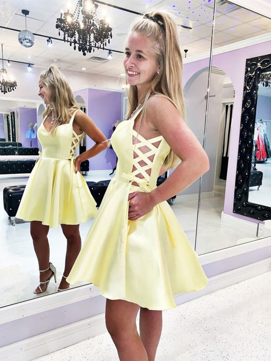 Cute Yellow Short A-line V Neck Satin Prom Homecoming Dresses with Pockets