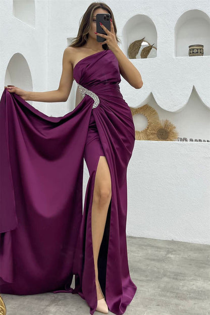 Dark Green Long Ruffles Satin One Shoulder Mermaid Evening Dress with Split