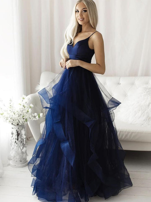 Elegant Long A-line V Neck Tulle Graduation Prom Dresses
