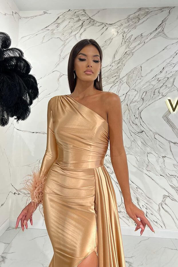 Elegant One Shoulder Long Sleeves Mermaid Prom Dress with Slit