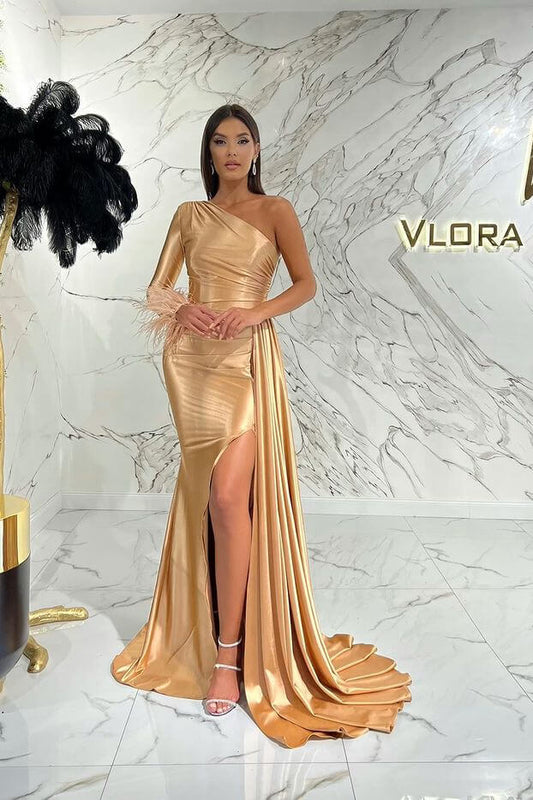 Elegant One Shoulder Long Sleeves Mermaid Prom Dress with Slit