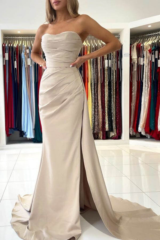 Elegant Long Satin Strapless Mermaid Evening Dress with Split