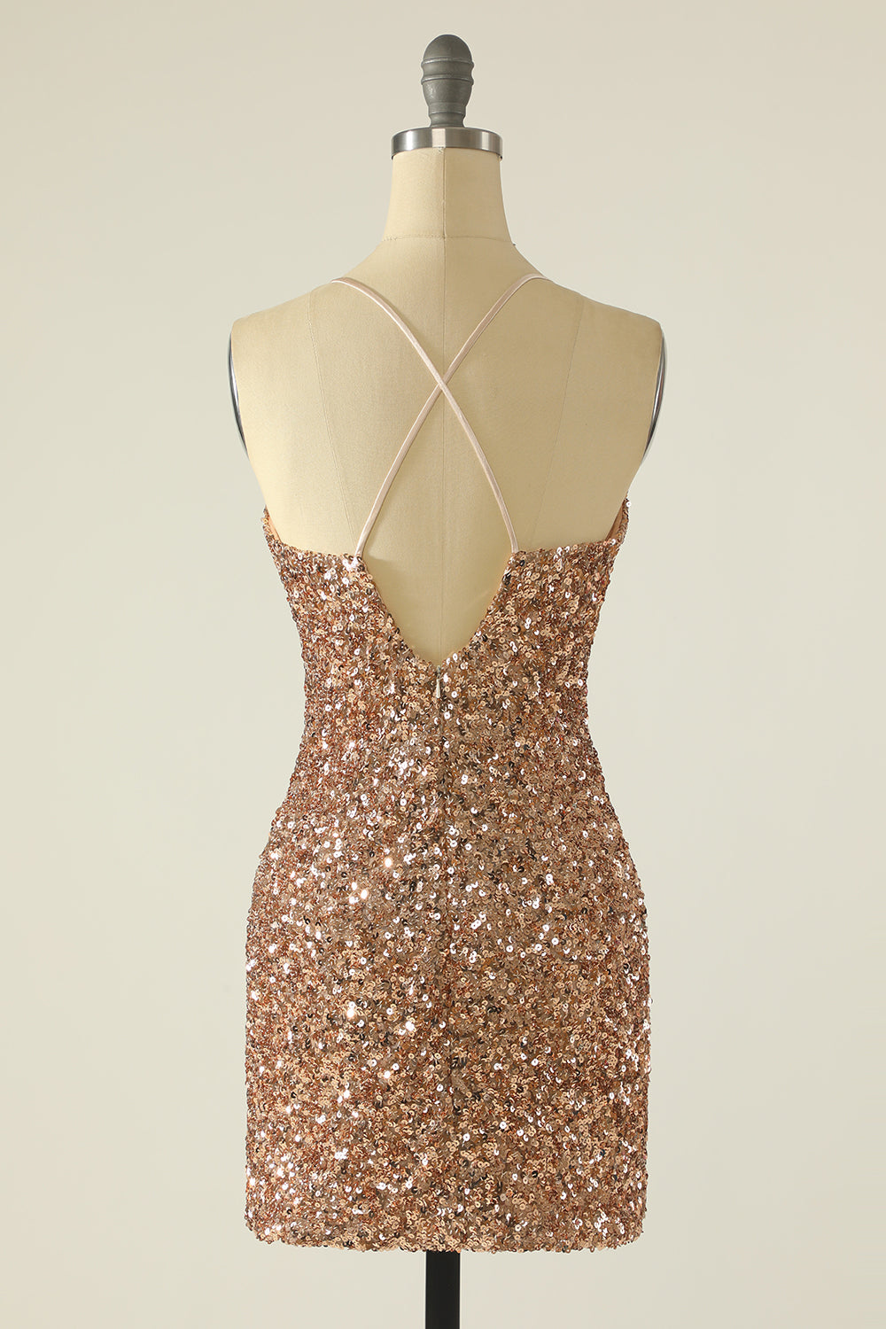 Sheath Spaghetti Straps Champagne Sequins Short Homecoming Dress