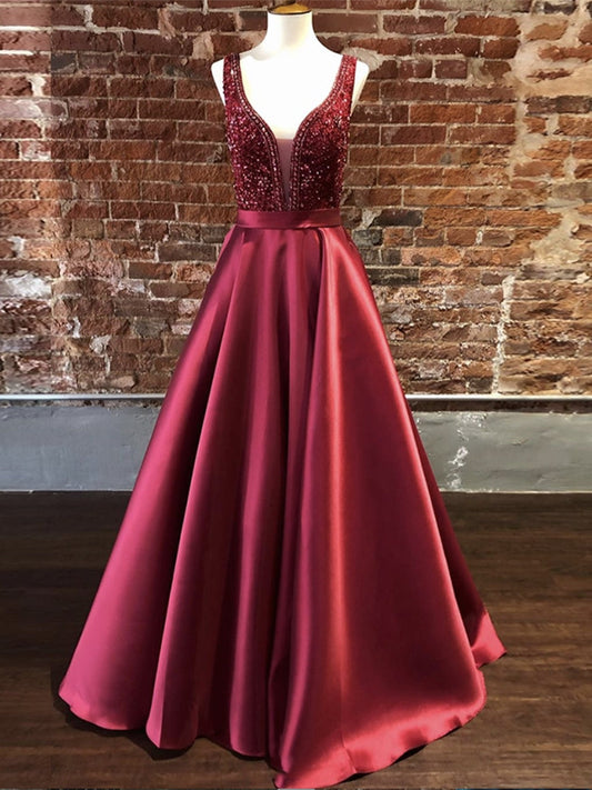 Gorgeous Long A-line V Neck Satin Graduation Prom Dresses with Beadings