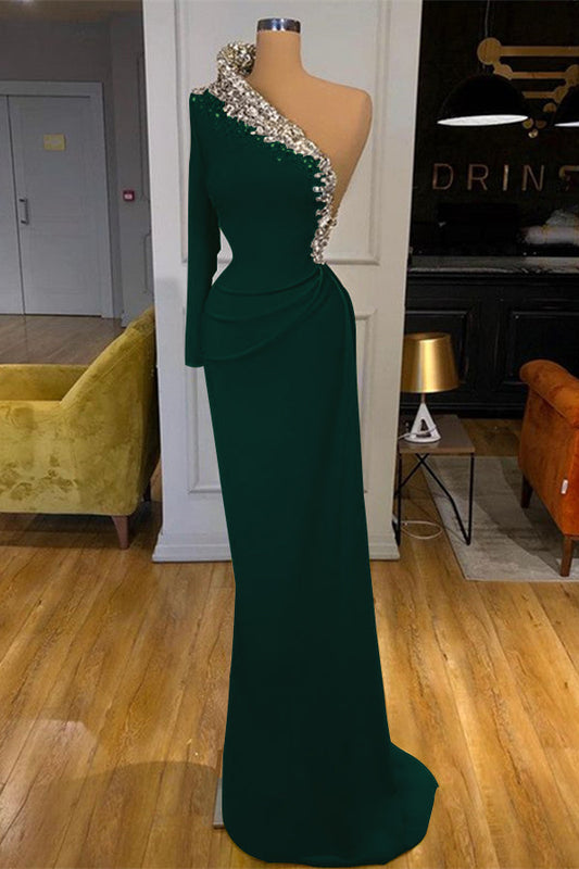 Dark Green Long Sleeves One Shoulder Beaded Mermaid Prom Dress