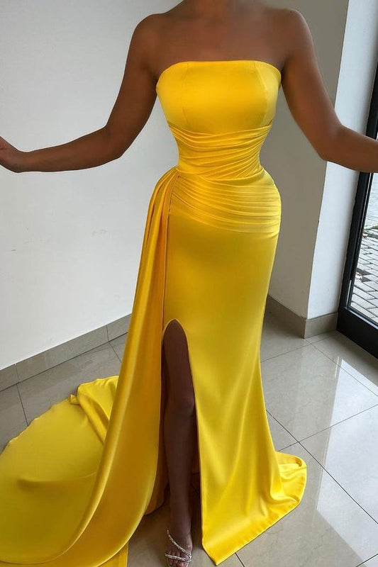 Yellow Long Mermaid Strapless Sleeveless Satin Prom Dress with Split